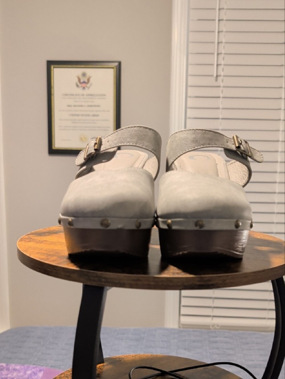 Gray Platform Clog Heels with Buckle Strap - Women Shoes - Picture 3 of 7